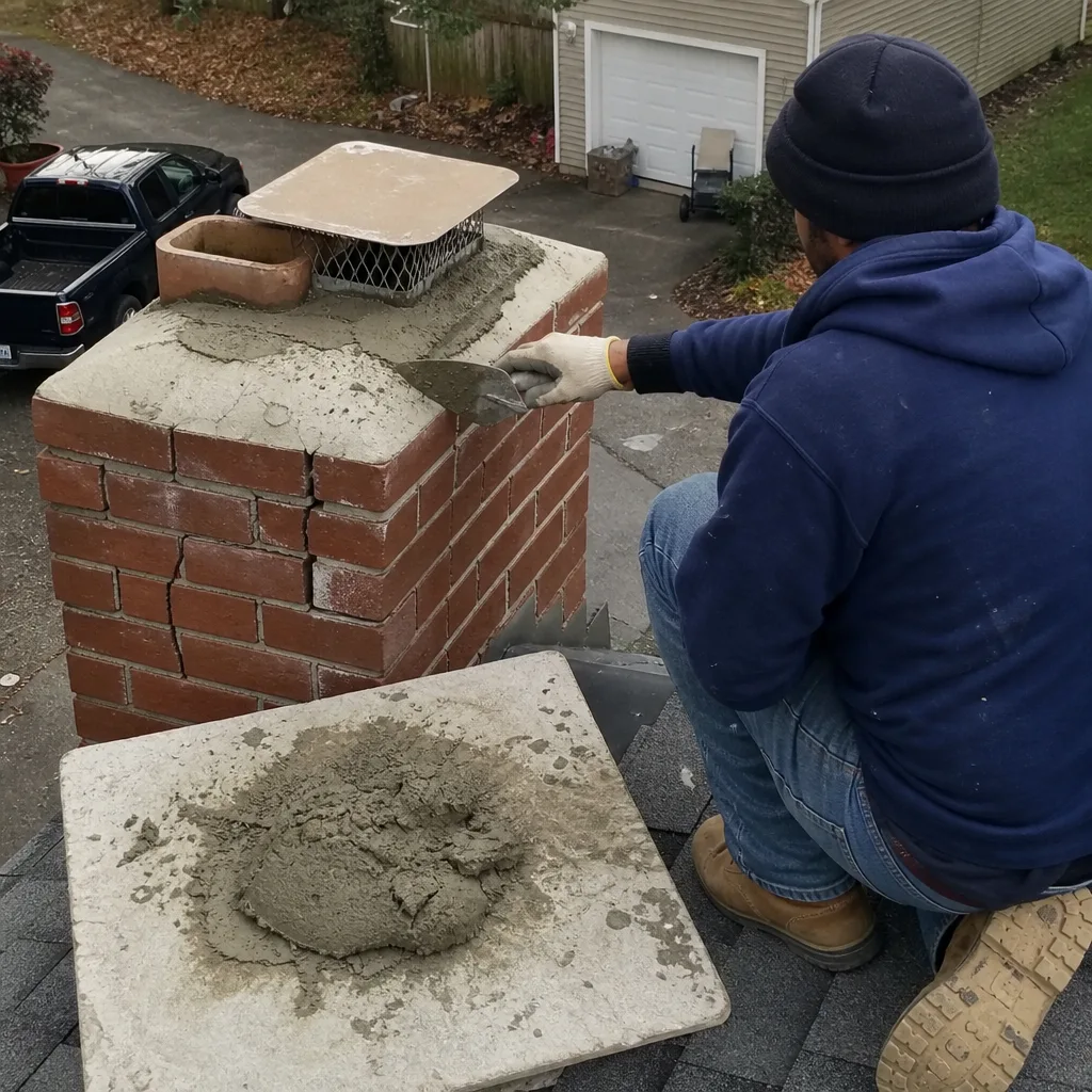 Technician performing professional chimney masonry crown repair on a residential roof
