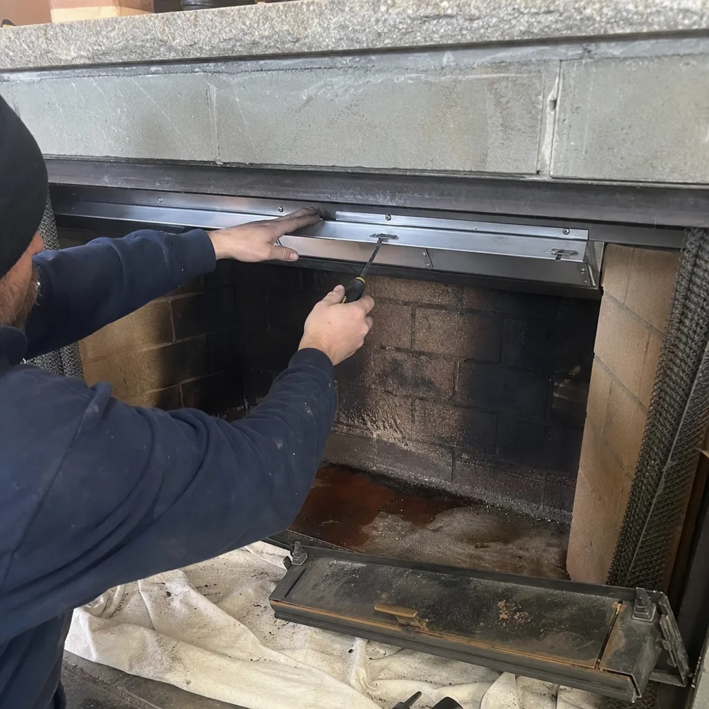 Professional technician performing fireplace maintenance and chimney repair services.