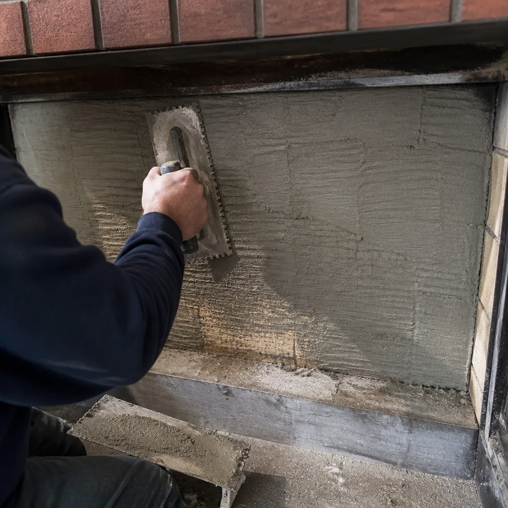 Professional contractor applying mortar to a fireplace during renovation