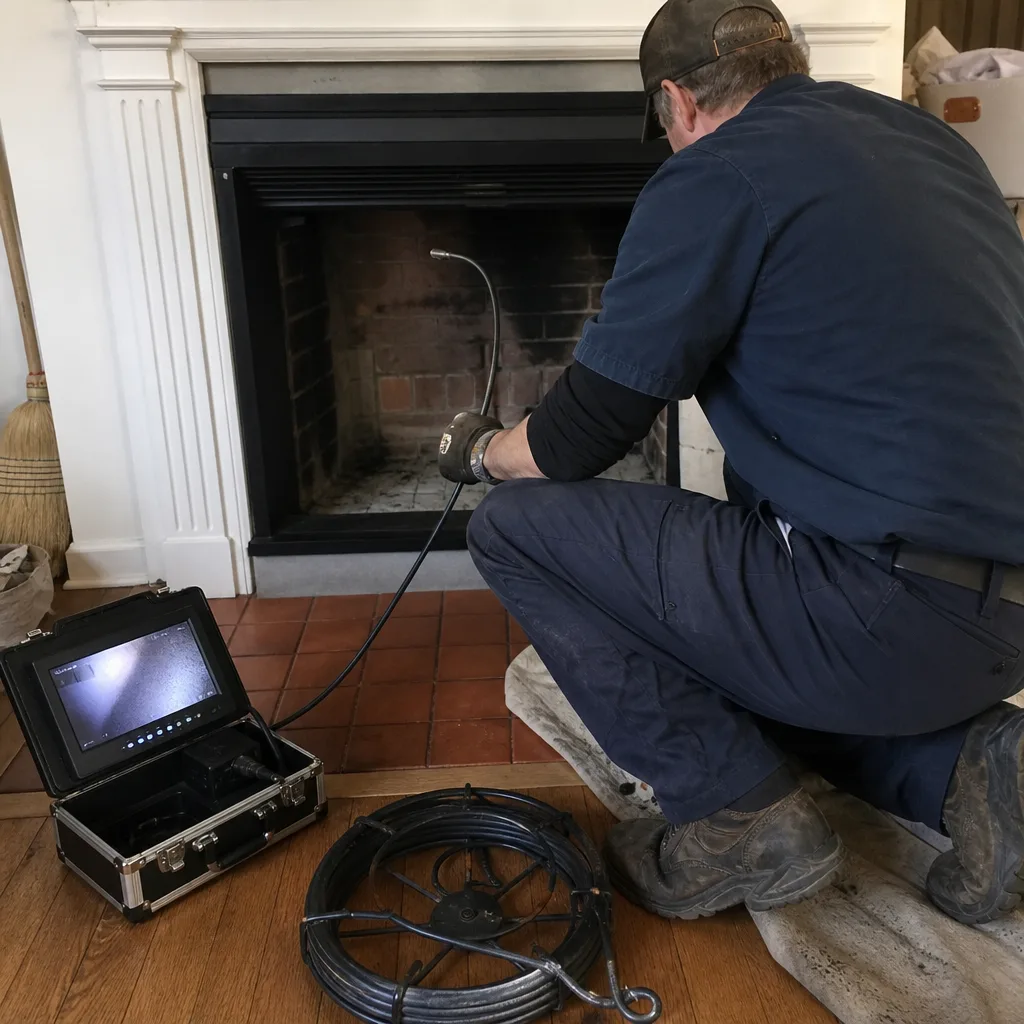 Technician using a chimney inspection camera for fireplace maintenance services
