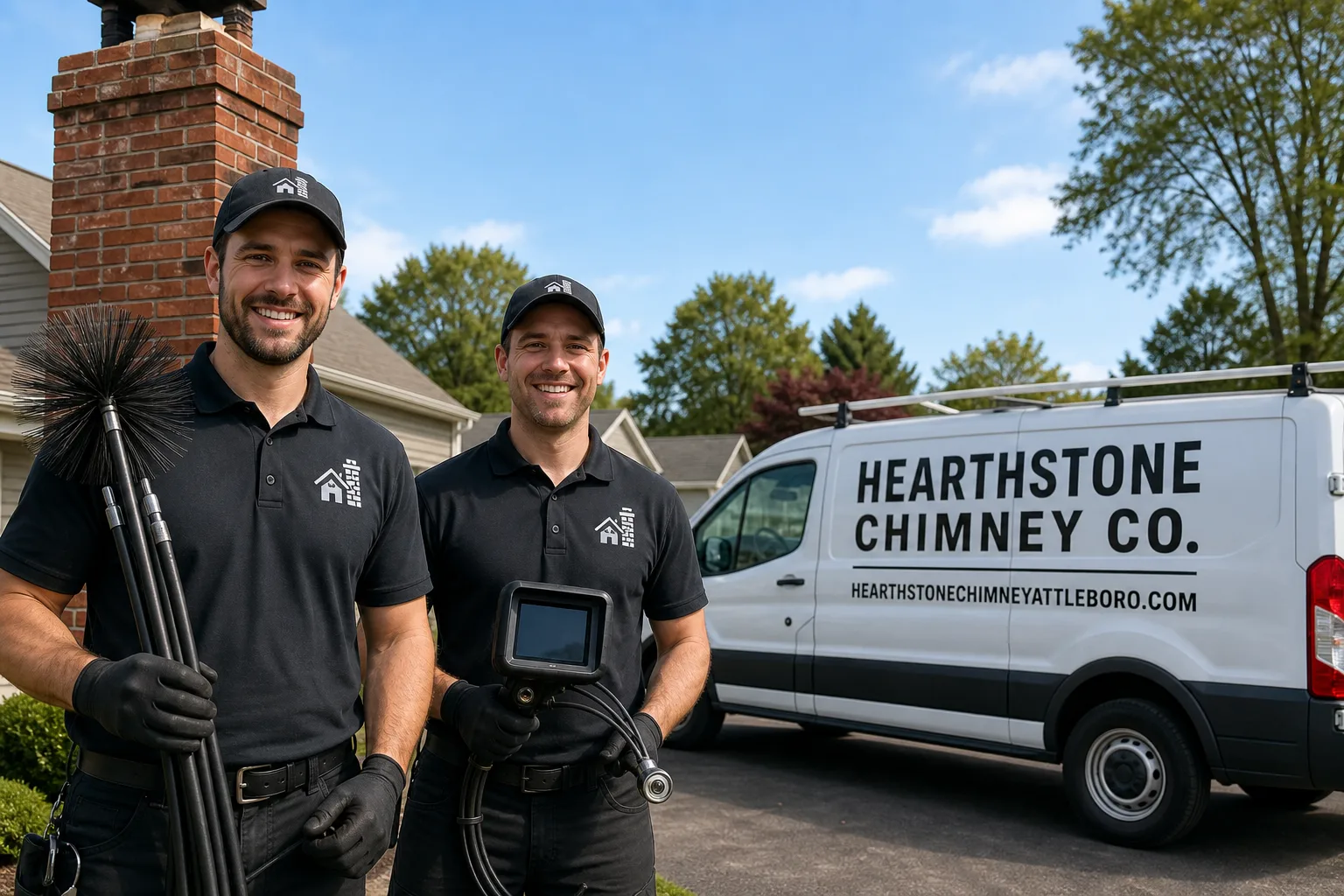 Hearthstone Chimney Co. chimney cleaning service vehicle and crew in Attleboro, MA